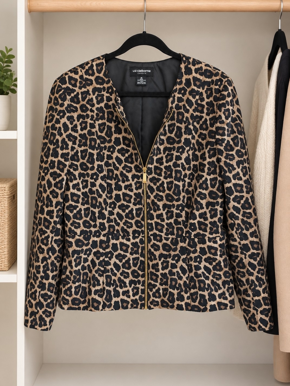 Liz Claiborne Leopard Print Zip-Front Jacket in Tan and Black